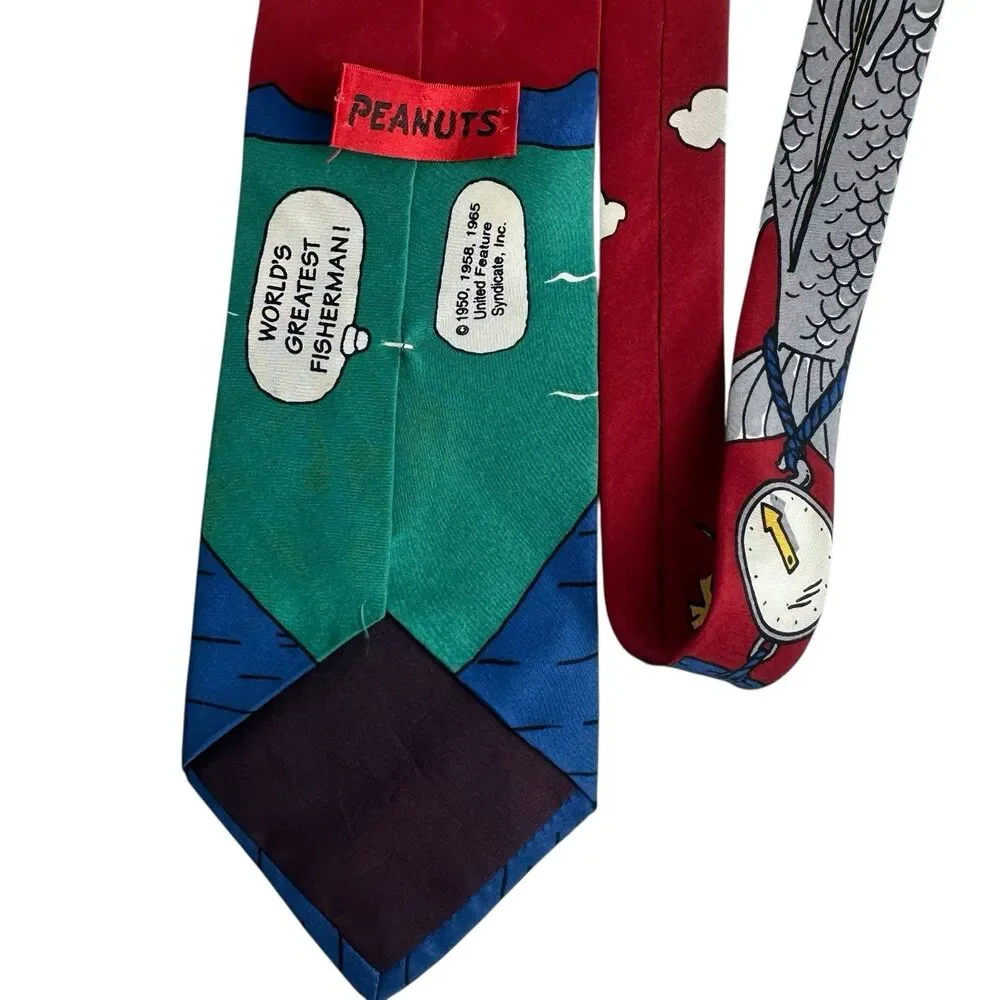 Peanuts Men's 100% Silk Necktie Worlds Greatest Fisherman Snoopy Charlie Brown